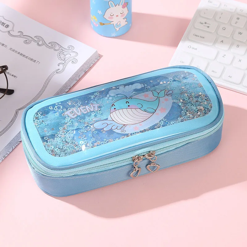 4 Colors Large Capacity Whale Pencil Case Double Zipper Cartoon Student Pencil Bag Gift Estuches School Pencil Box - Цвет: light blue