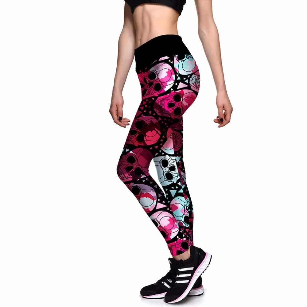 Популярные женские леггинсы с черепом для фитнеса высокой талией эластичные