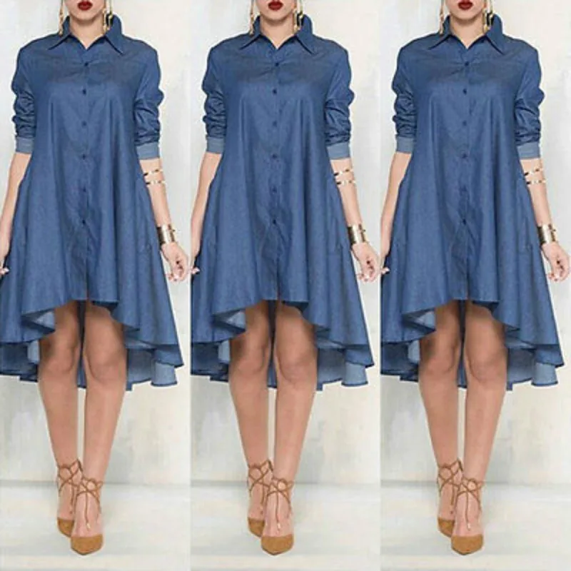 Женское джинсовое платье свободное синего цвета с длинным рукавом большие