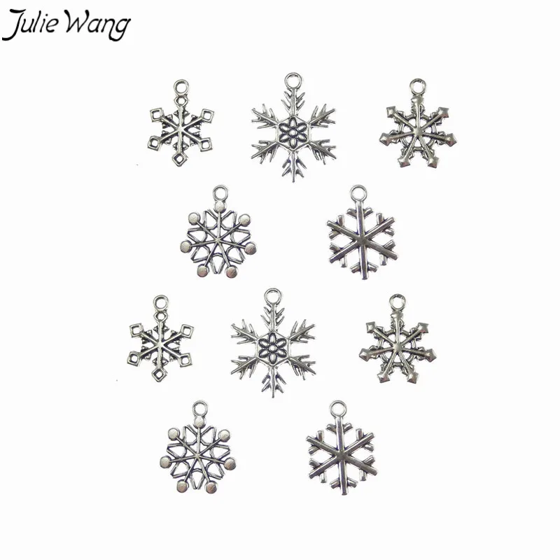 Julie Wang 10 шт смешанные снежинки Подвески античный серебряный цвет кулон Рождество