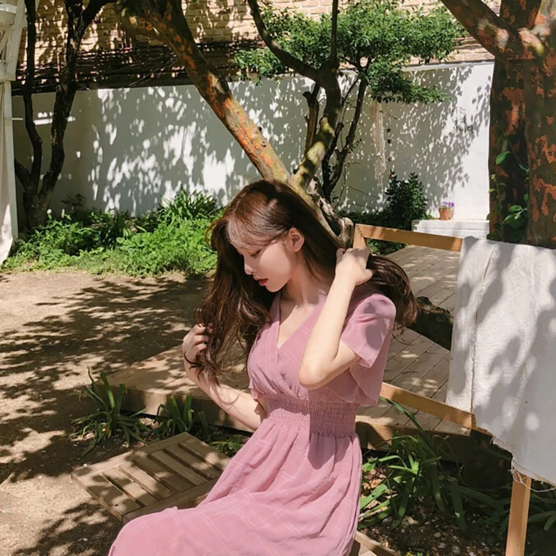 Женское клетчатое Элегантное Длинное платье летнее эластичное с высокой талией