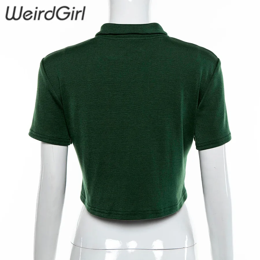 Weirdgirl/женские модные темно-зеленые футболки с отложным воротником, с коротким рукавом, на пуговицах, тонкие женские футболки, укороченный топ, женская уличная одежда, лето