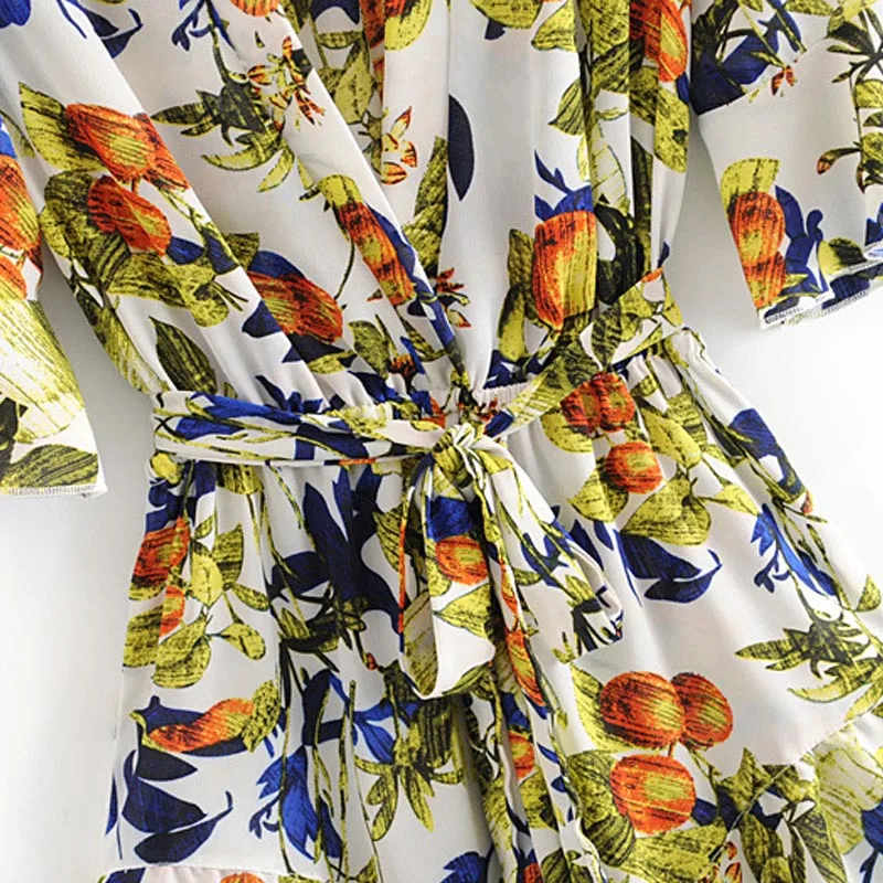 HK561 New Design Fruit Peach Print Deep V neck Slim Waist Playsuit Women Short Sleeve Summer Playsuits | Женская одежда