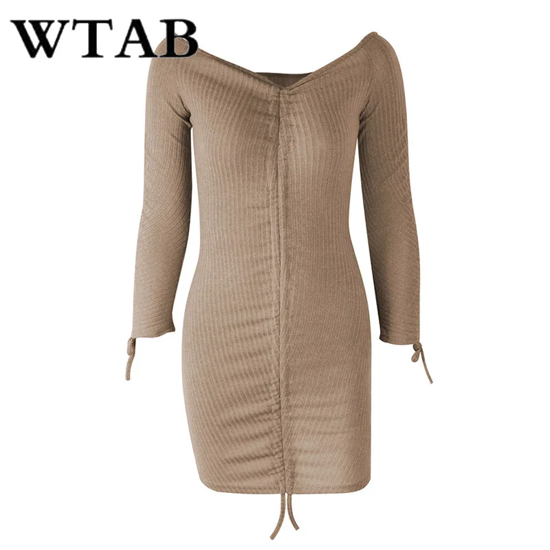 

WTAB new 2018 autumn and winter dress pleated lace up rib long sleeve women dress casual bodycon v-neck party dresses vestidos