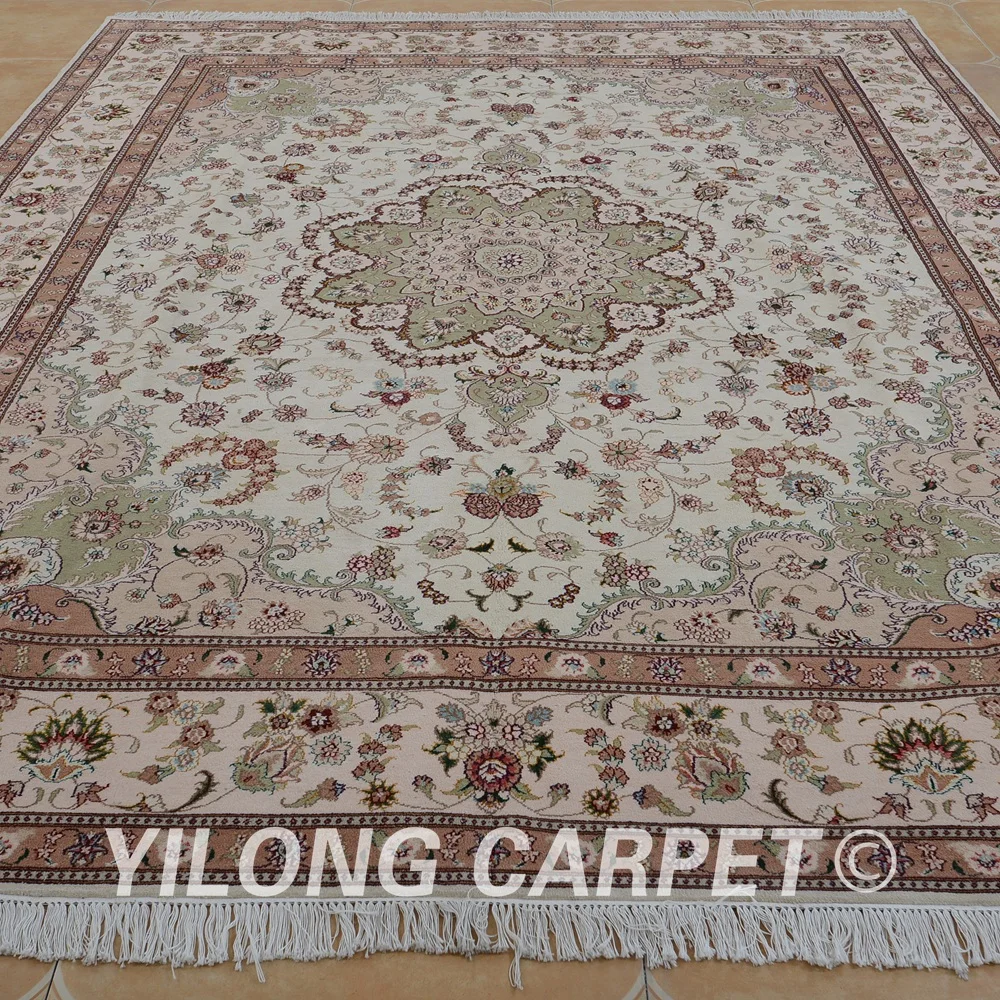 Yilong 8 'x 10' Античная Тебриз ковёр из шелка и шерсти бежевый изысканный