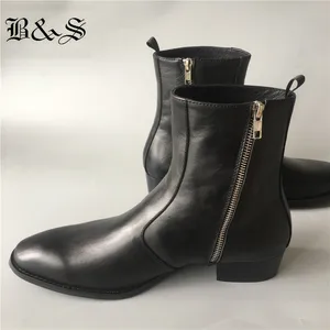 Black& Street New Slim Fit Wedge Luxury Genuine Leather Chelsea Zipper Boots 4cm Heel High Men Dress Wedding Business Boots