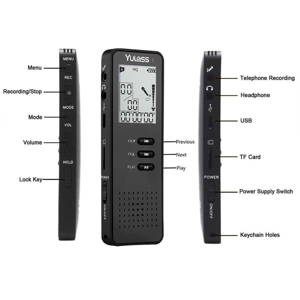 Цифровой диктофон Yulass 8 Гб Профессиональный портативный диктофон с MP3-плеером/TF картой до 64 Гб черный
