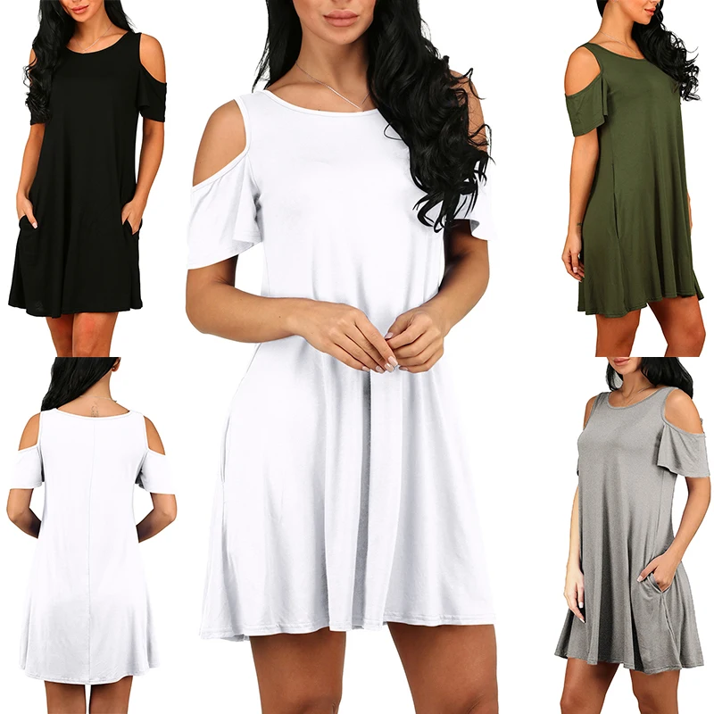 Сексуальное женское однотонное платье с открытыми плечами свободное вырезом