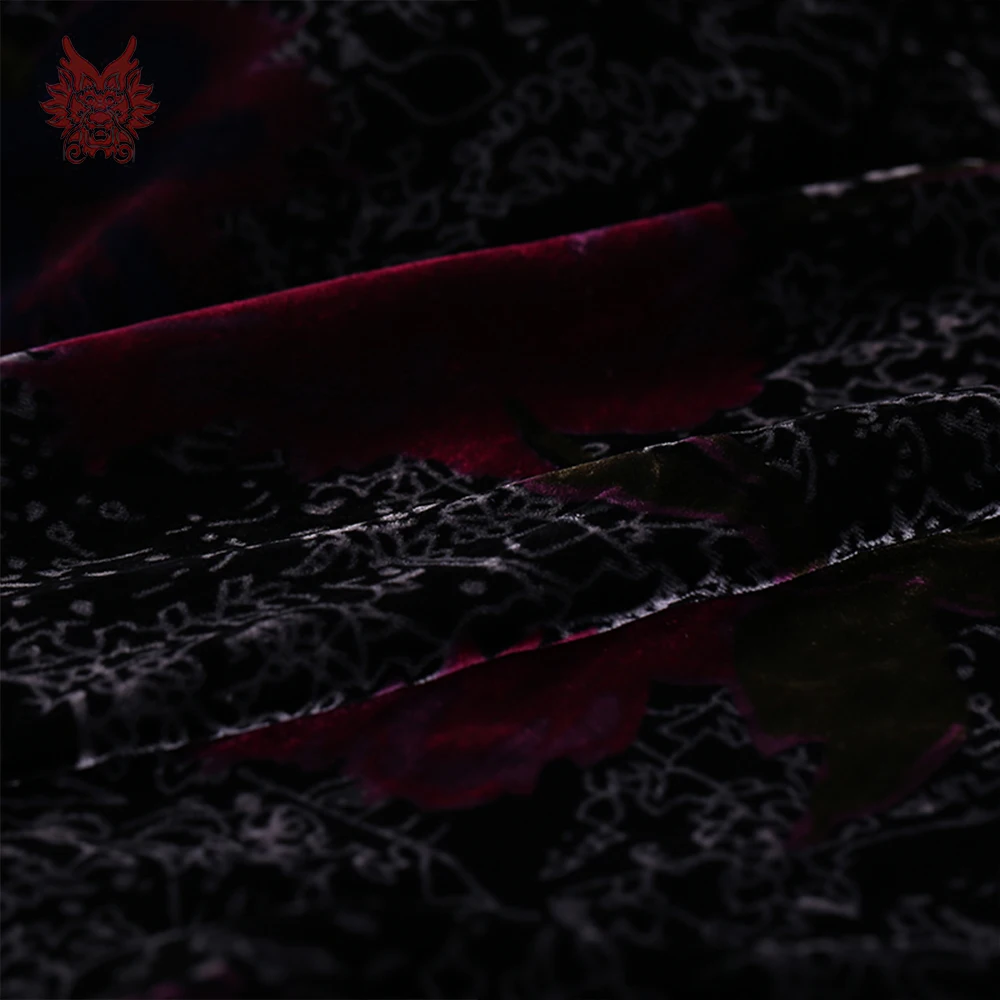 Роскошная черная и красная бархатная отделка с цветочным принтом шелковая ткань