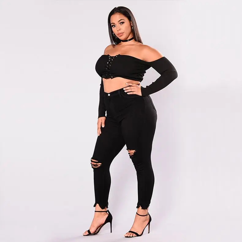 QMGOOD 2018 Boyfriend Jeans for Women Plus Size Black Ripped Skinny Stretchy Denim Mom Big Distressed 5XL |