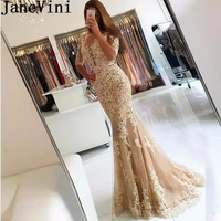 janevini abito lungo champagne tulle long evening dresses 2019 half sleeves backless formal gown sheer lace mermaid prom dress