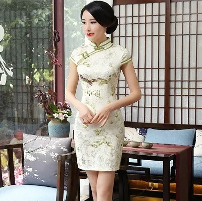 Light green Шэн Коко розовый Qipao мини платье шаблон короткие Cheongsam с модным принтом жаккардовые хлопок питания XXL лето Китай - Цвет: Light green
