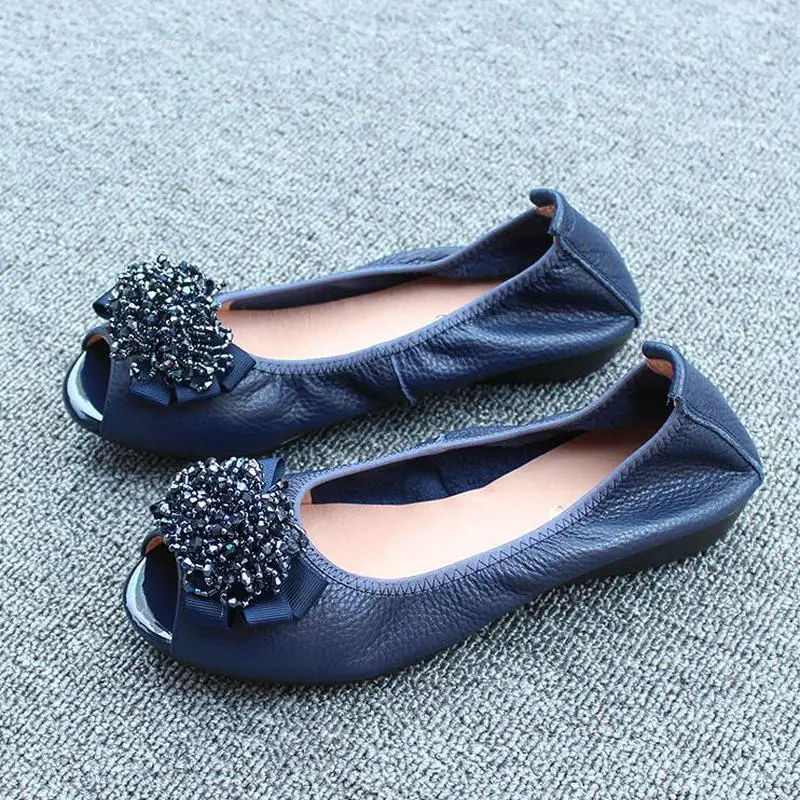 

Women Ballerina Flats Shoes Genuine Leather Summer Fish's Mouth Bowknot Soft Ladies Shoes Comfortable Casual Slip on Shoes 2020