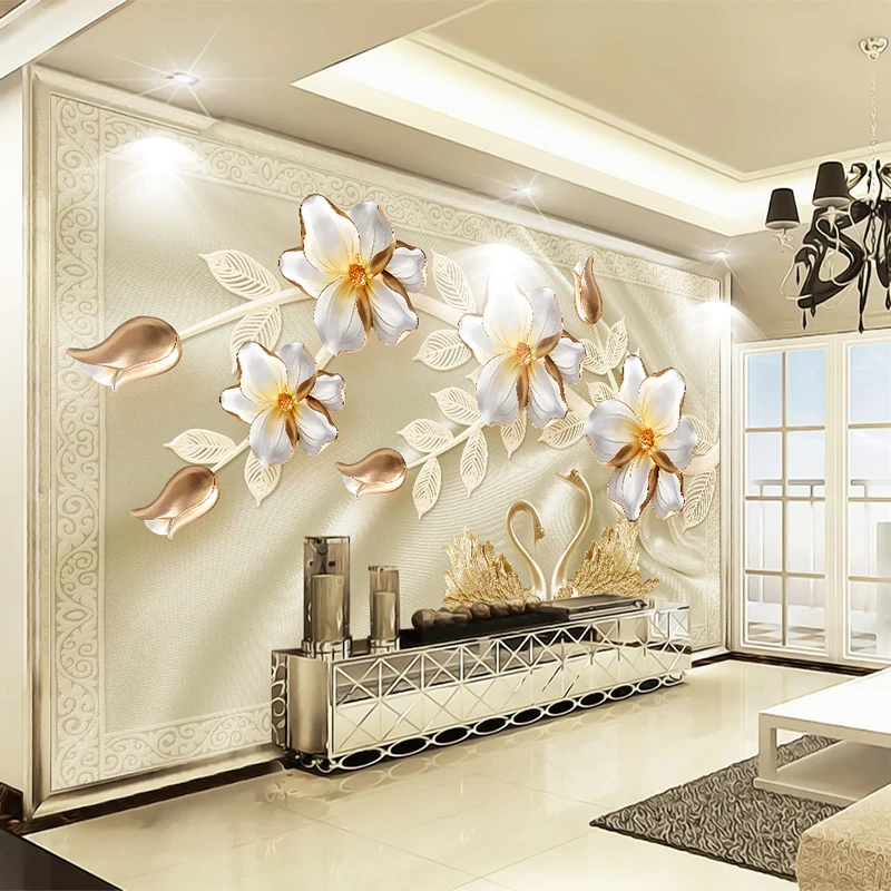 

Custom Mural Wall Paper Silk Cloth 3D Jewelry Flower Swan Luxury Living Room Sofa TV Backdrop Wallpaper Home Decor Wall Covering