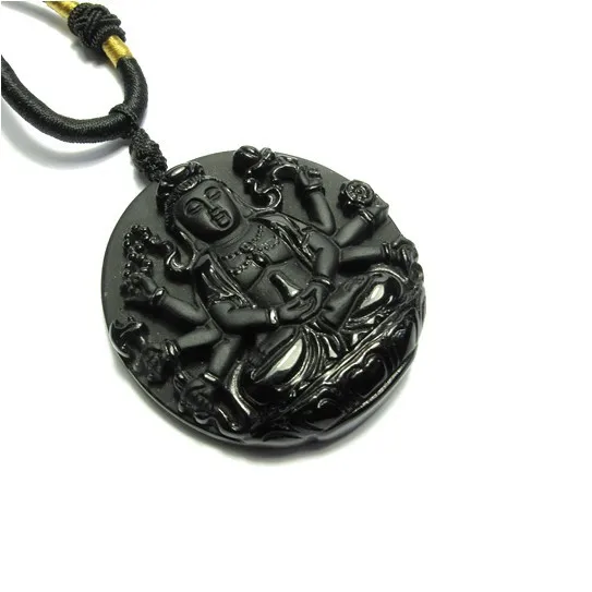 High Quality Hot Lucky Carved Natural Black Obsidian Guanyin Buddha Pendant Necklace wholesale Free Shipping | Украшения и