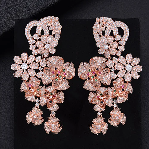 Rose Gold GODK 73 мм Роскошные ветряная мельница цветок кластер кубического циркония длинные Подвесные серьги для женщин Свадебная вечеринка ювелирные изделия с бахромой - Окраска металла: Rose Gold