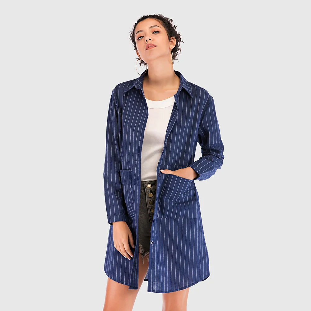 Новинка 2018 Весна Осень Высокое качество синяя рубашка в полоску Женская одежда
