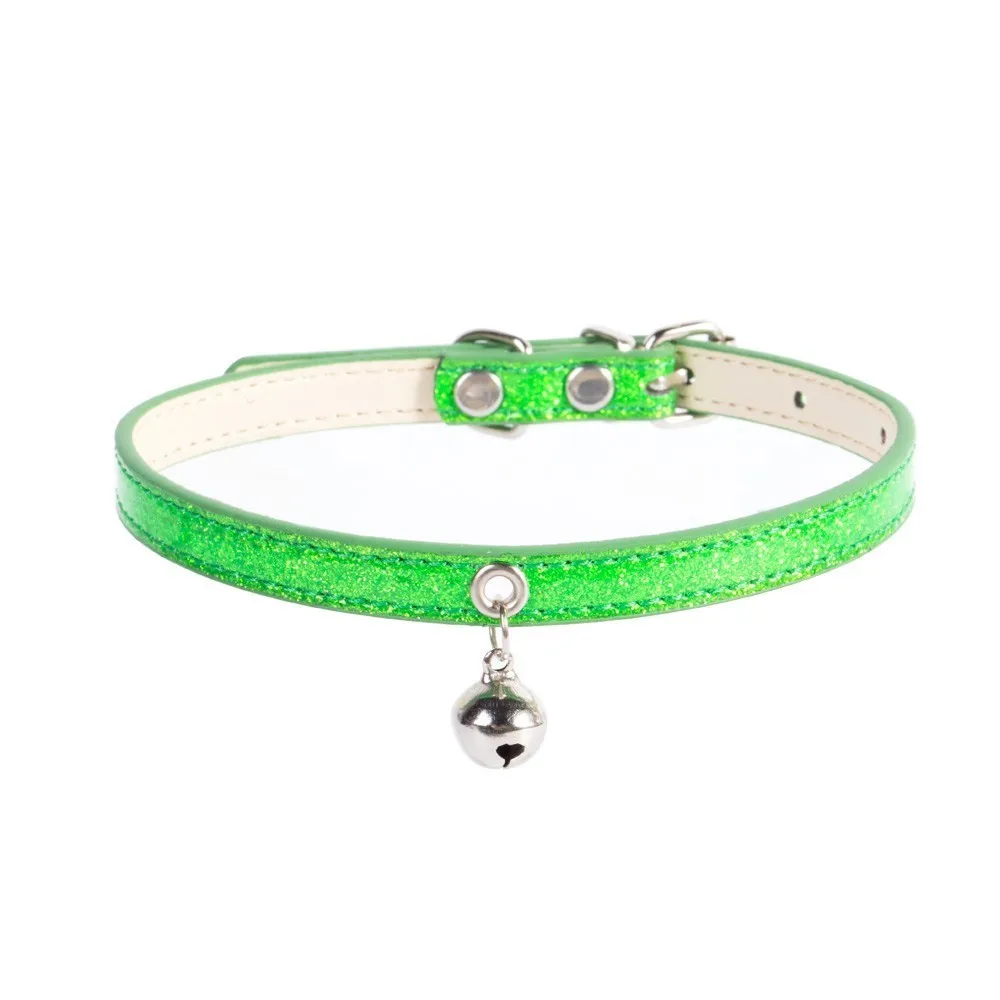 Green(Alloy) Кожаный ошейник для маленьких собак и кошек с колокольчиком, регулируемые ремни для кошек и котят, ошейники для щенков, ошейники для чихуахуа, товары для домашних животных - Цвет: Green(Alloy)