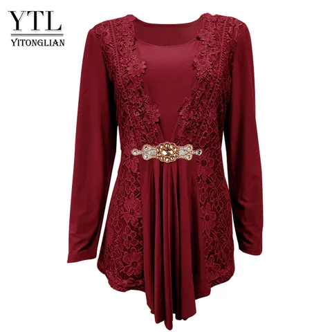 Блузка женская YTL, кружевная, с длинным рукавом, красного, черного цвета, XXL, XXXL, 4XL, 8XL, H025, размера плюс