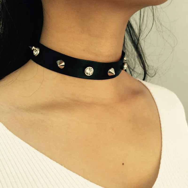 Ожерелье чокер из черной искусственной кожи с заклепками в готическом стиле|fashion