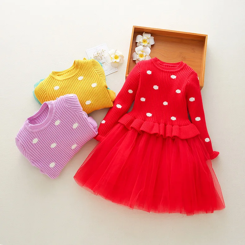 

Spring Autumn 2019 Girls Thick Warm Dresses Princess Knitted Party Sweater TuTu Dress Mesh Patchwork Dress Children Clothing