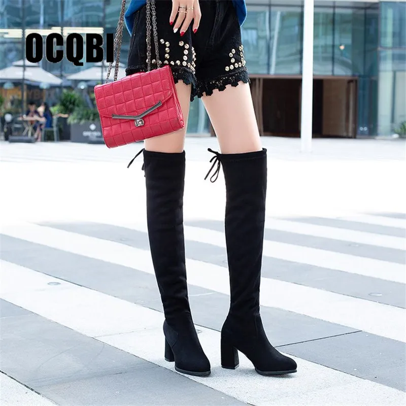 Женские замшевые растягивающиеся сапоги на толстом каблуке 7 5 см теплые высокие