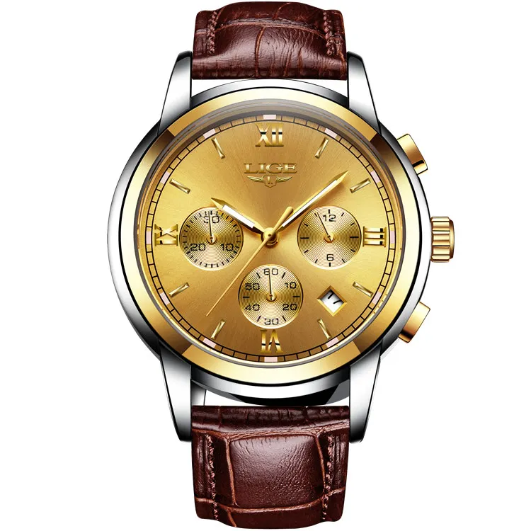 all gold leather Люксовый бренд LIGE часы мужские модные спортивные военные кварцевые часы мужские полностью стальные бизнес водонепроницаемые часы мужские Relogio Masculino - Цвет: all gold leather