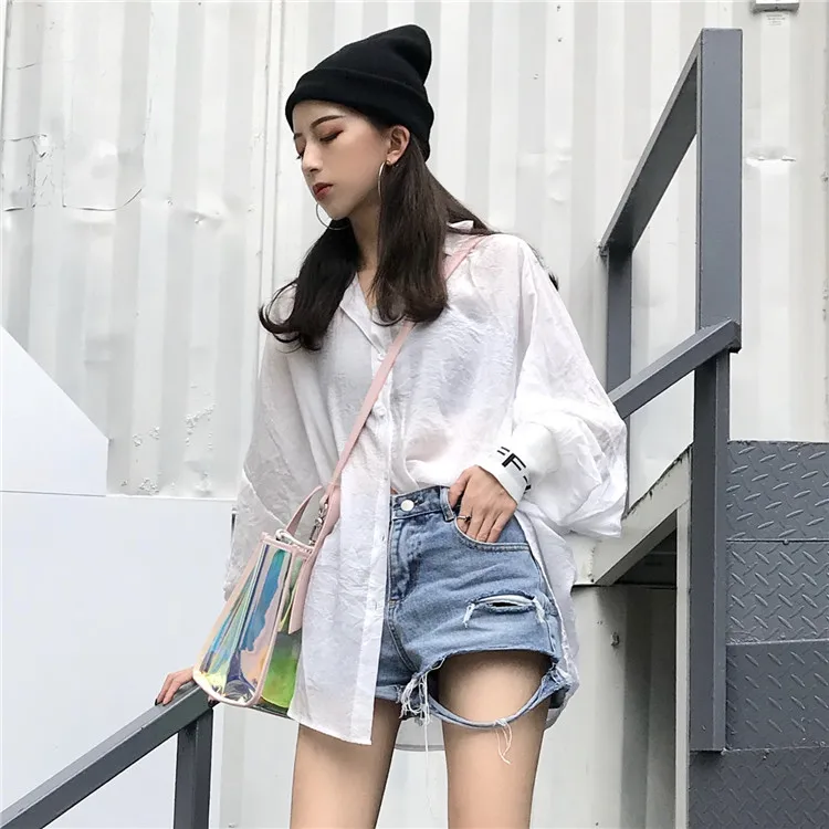 korean fashion new women long sleeve shirts Casual letter chic Button spring autumn hipster tops loose plus size clothes white |