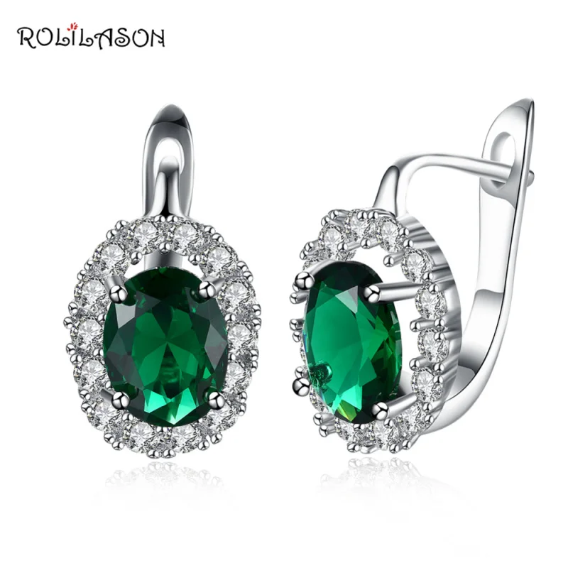 

ROLILASON Green zirconia silver color Oval clip earrings for women gift JE1165