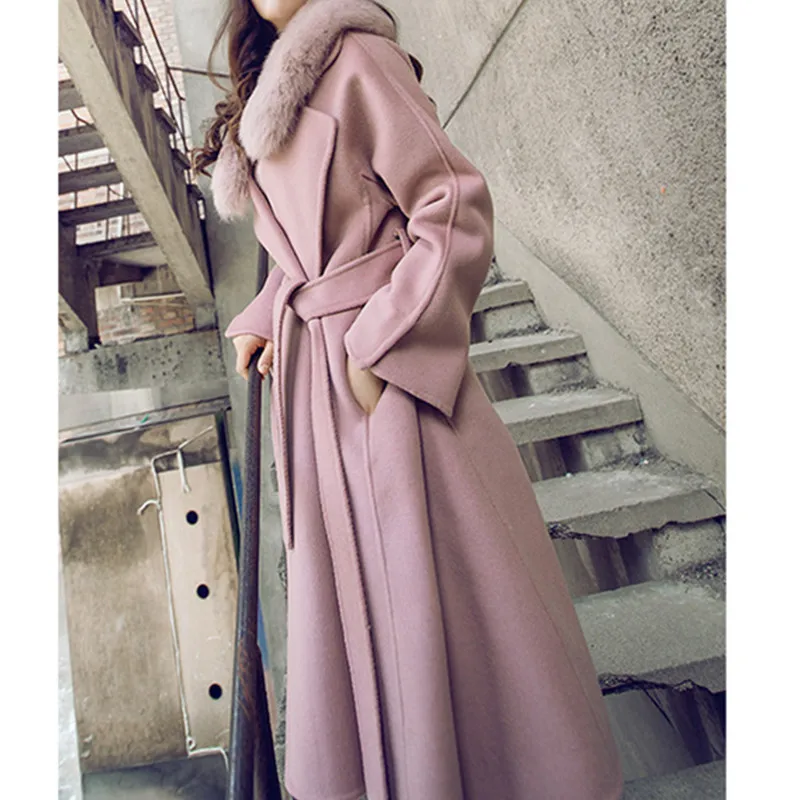 Модное шерстяное пальто с воротником из лисьего меха Осень-зима 2018 длинное