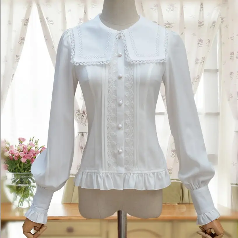 

2019 spring new Lolita chiffon lace shirt Square Collar Lantern Sleeve Long Sleeve Slim Shirt