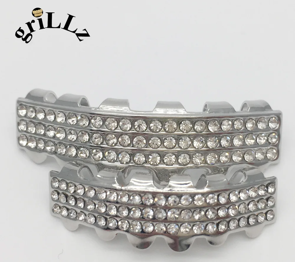 Реально Блестящий бренд GRILLZ! Посеребренные 3 ряда хип хоп ЗУБЫ гриль сверху и