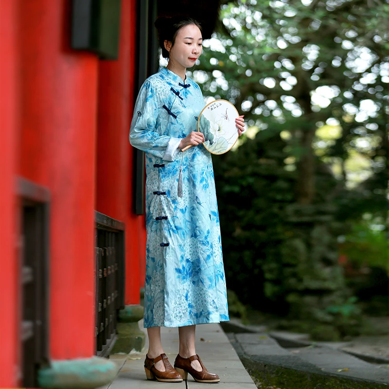 Женское платье в традиционном китайском стиле LZJN длинное винтажное приталенное