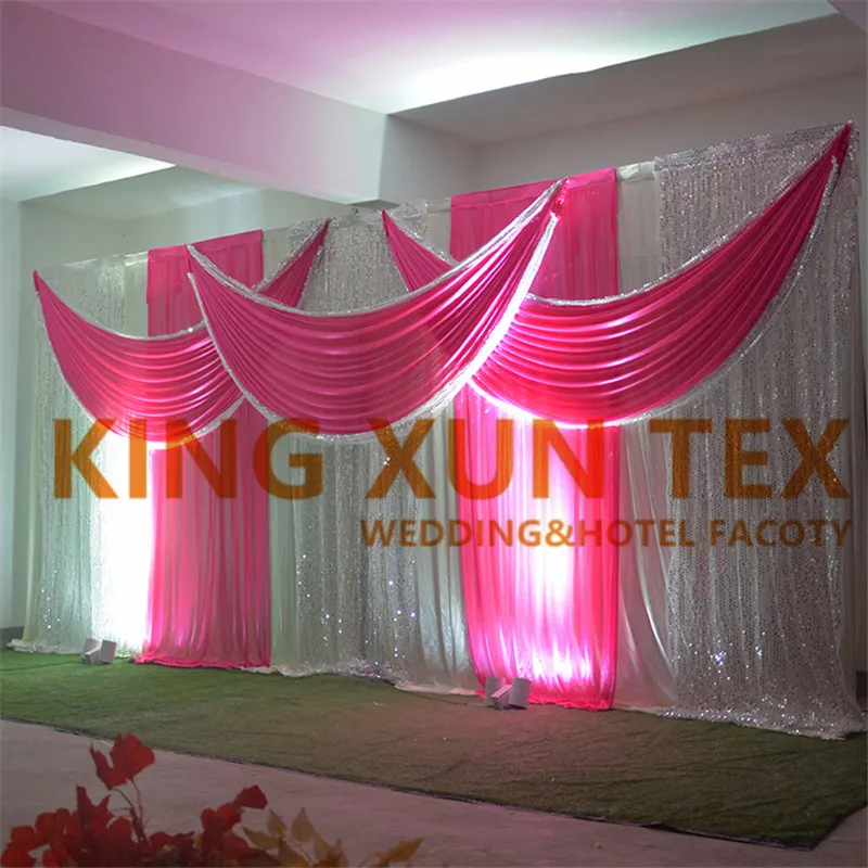 White & Fuchsia Ice Silk Wedding Backdrop Curtain With Swag Drapery Valance Sequin Backdrops Party Event Decoration