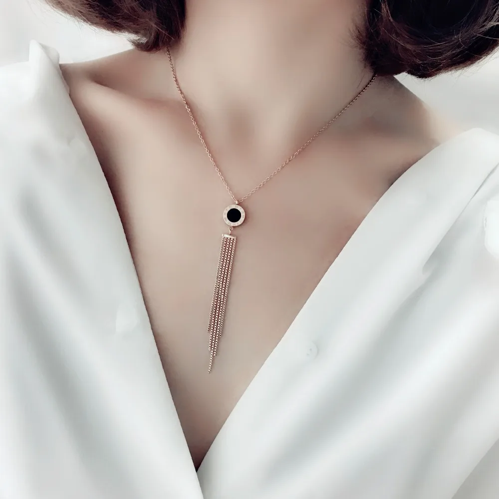 

YUN RUO New Arrival Rose Gold Color Double Sides Shell Tassel Pendant Necklace Woman Fashion Titanium Steel Jewelry Never Fade