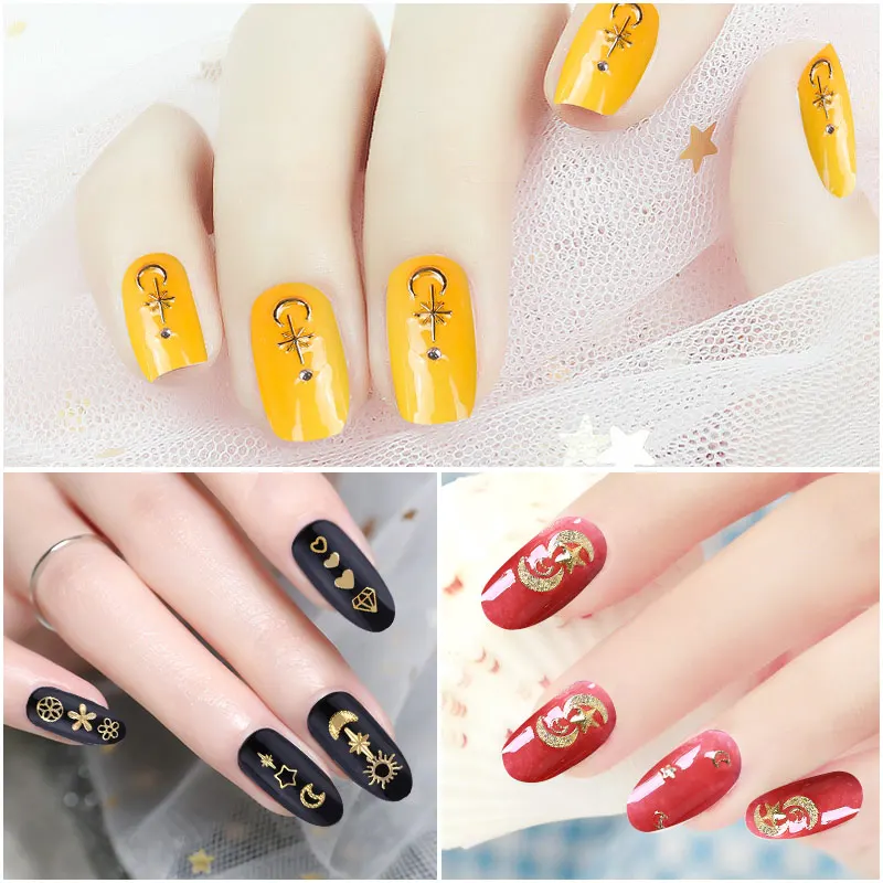 Ellwings 3D золотой цветок Звезда Луна Дизайн заклепки ногтей Блеск Стразы Nail Книги по