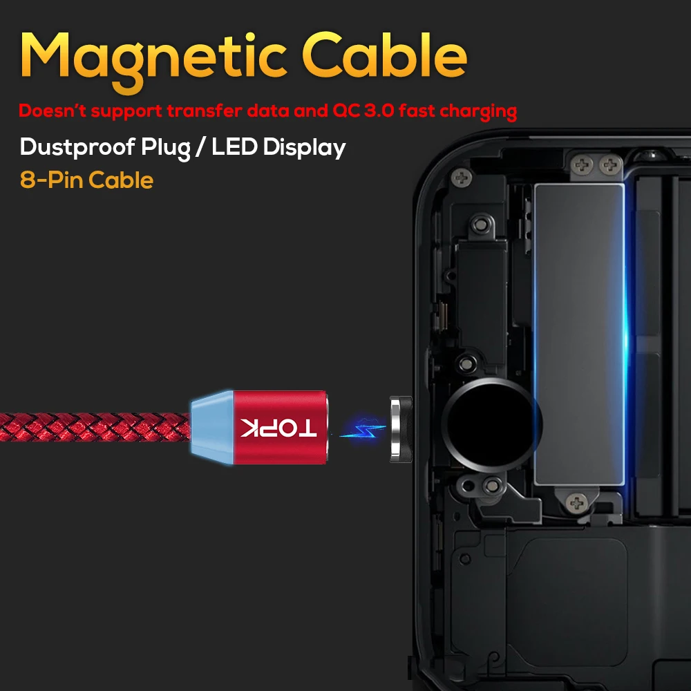 Магнитный кабель TOPK R-Line со светодиодной подсветкой Micro USB и Type-C зарядный для iPhone X 8