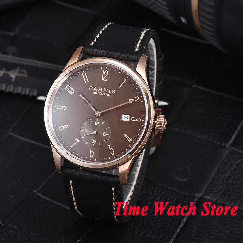 42mm Parnis men's watch Rose golden case brown dial Arabic numerals DATE 5ATM ST1731 Automatic wrist men 957 | Наручные часы