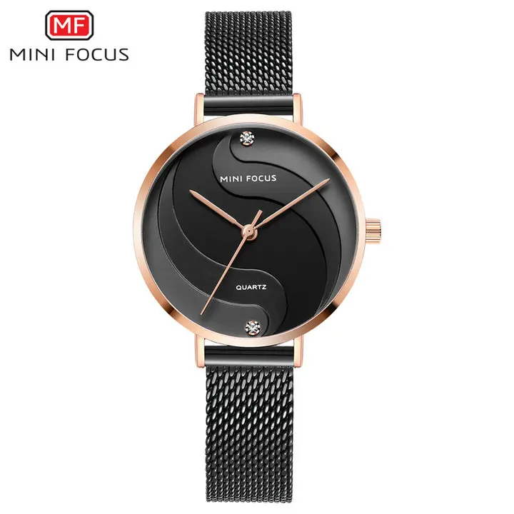 MINIFOCUS Модные кварцевые женские часы с золотым сетчатым ремешком, украшенные кристаллами, лучший бренд, Роскошные Аналоговые женские часы, элегантное платье - Цвет: BLACK