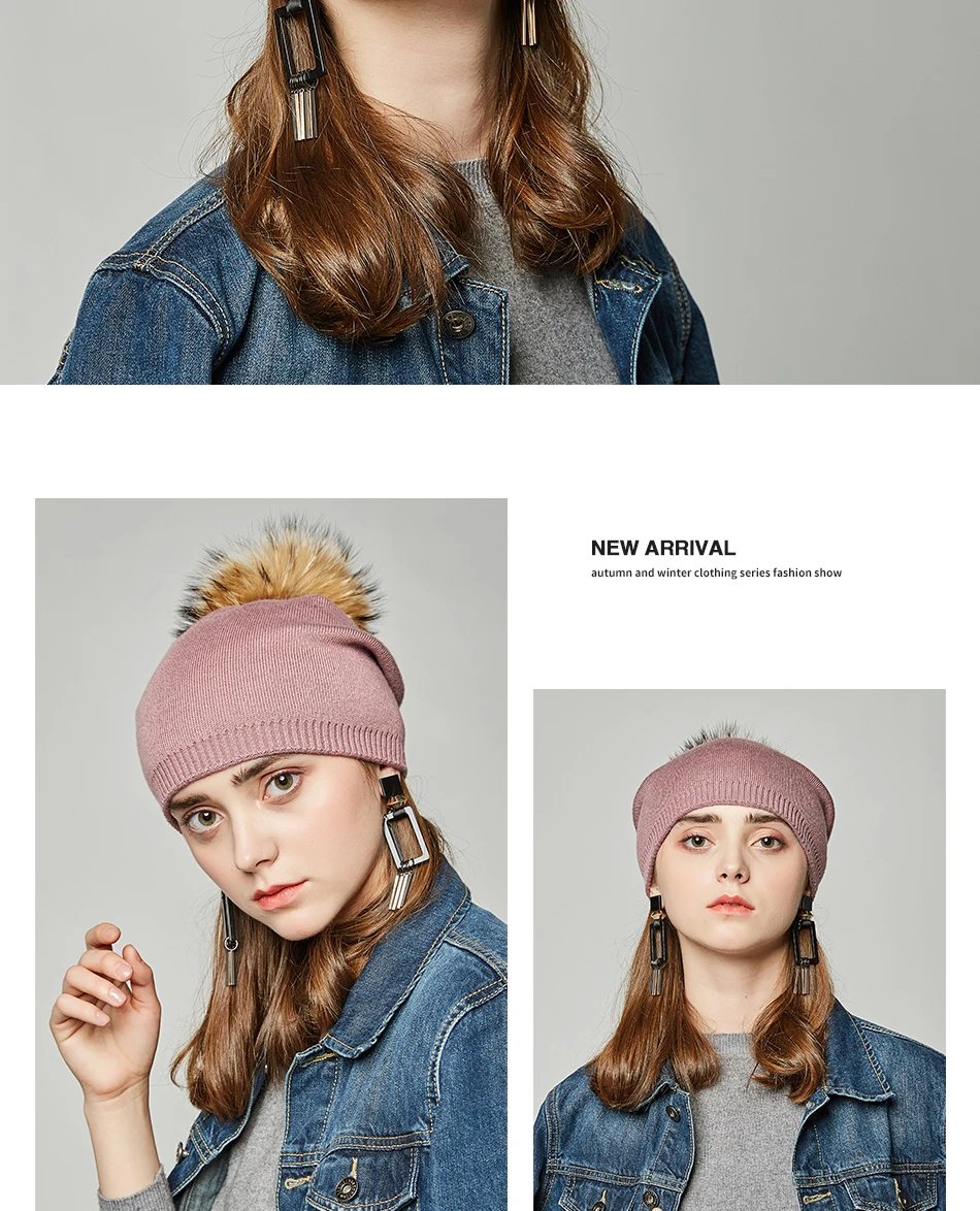 Осень Зима шапочки Hat Настоящее енот лиса меховой помпон однотонные лыжных gorros шапки унисекс вязаный шерстяной skullies Повседневная Cap