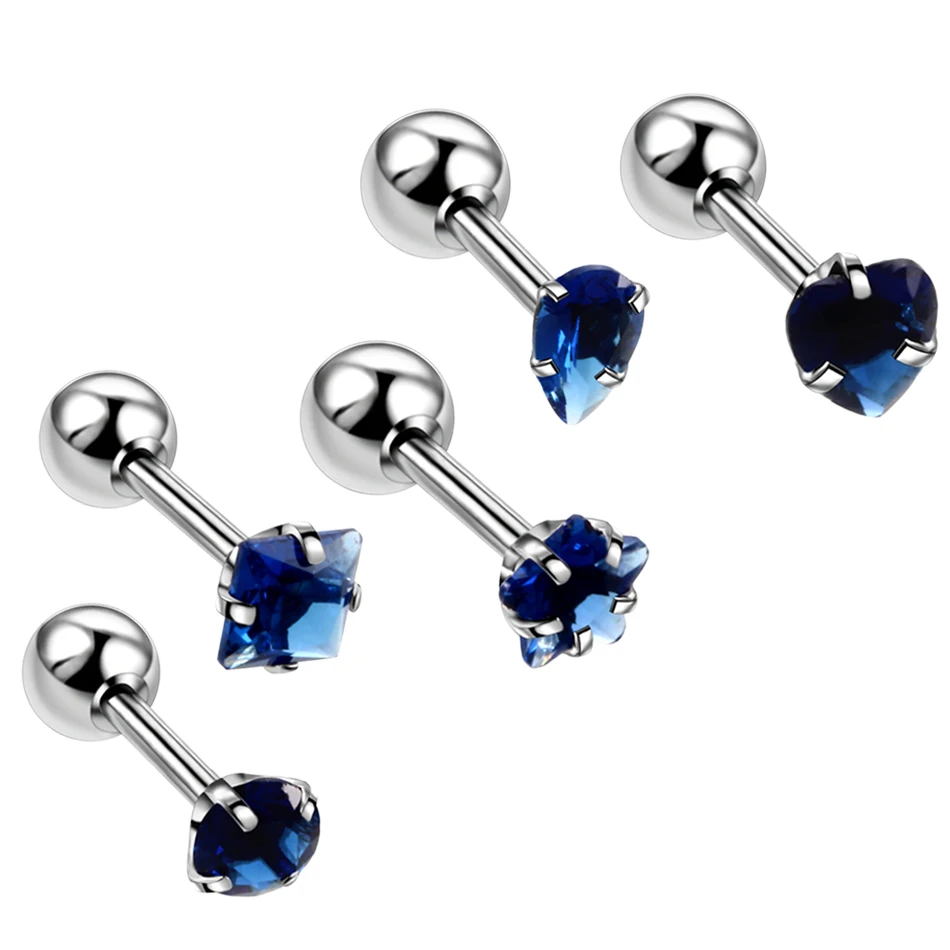 Blue 5 шт./лот серьги на Козелок из нержавеющей стали смешанный дизайн кристалл Хряща Серьги Для Пирсинга Ушей драгоценный камень уха Tragus ювелирные изделия для пирсинга тела - Окраска металла: Blue