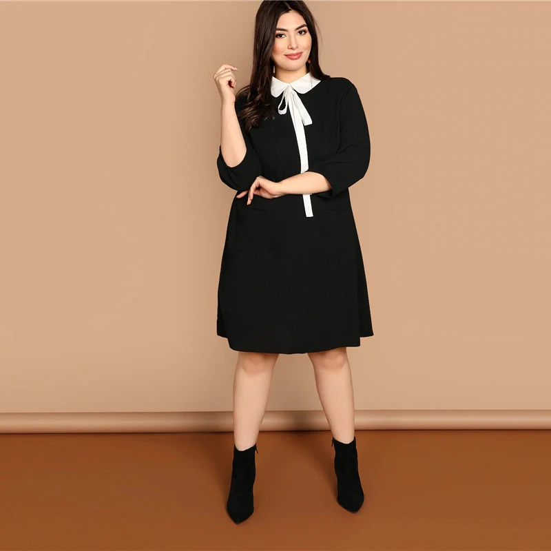 Dotfashion, платье размера плюс, черное, с завязками на шее, с контрастным воротником, с карманами спереди, женская одежда, осень, повседневное, до колена, консервативное платье