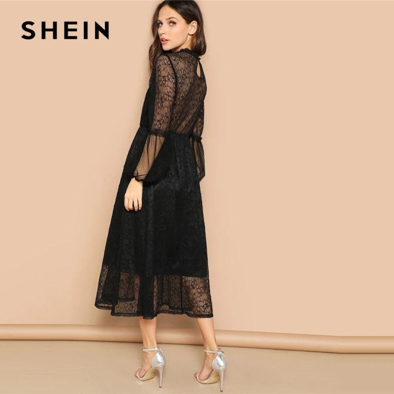 SHEIN Кружевное Макси Платье С Длинными Рукавами, Ажурное Однотонное Платье, Длинное Платье С Кружевным Верхом