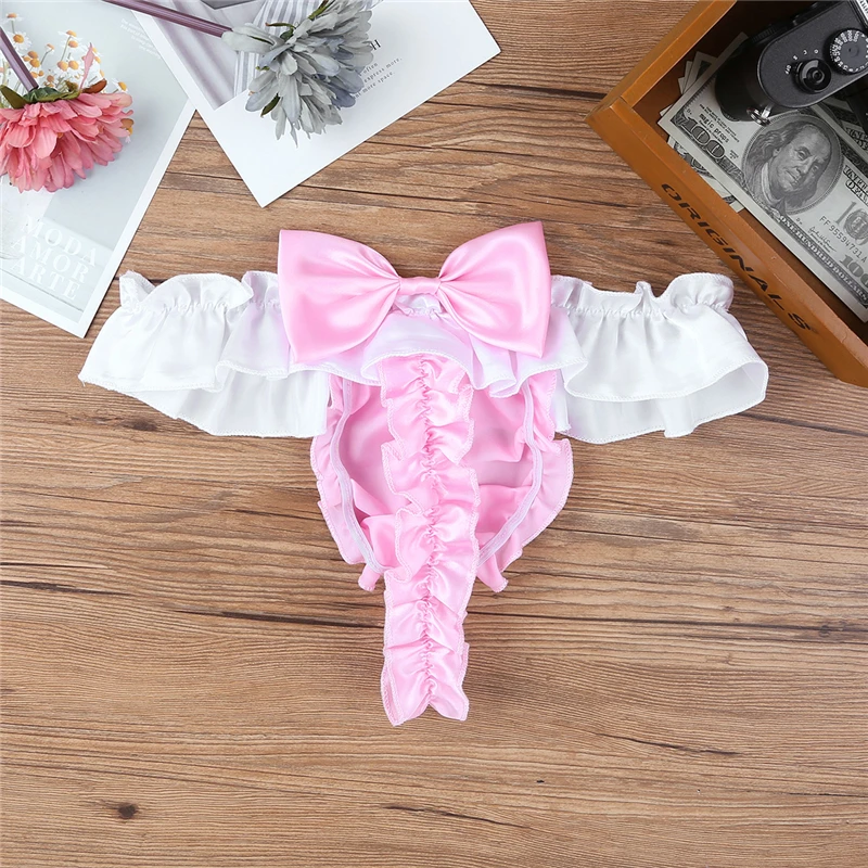 Пикантные Для мужчин нижнее белье Sissy Блестящий Мягкий атласные трусики с рюшами