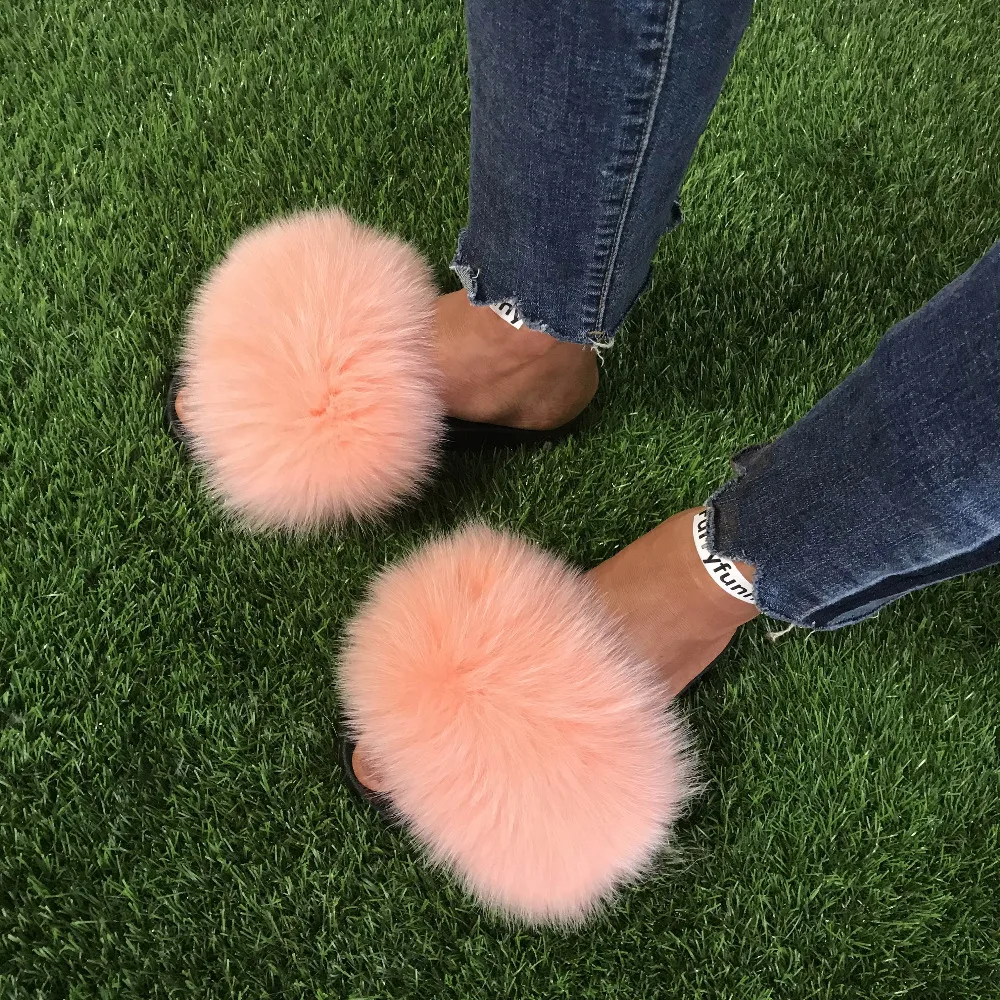 Модные шлепанцы на натуральном меху с лисьим мехом Летние сандалии розового и