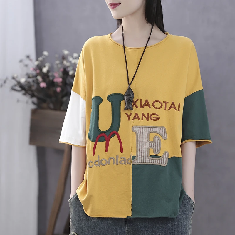 Women Summer Fashion Brand China Style Vintage Patchwork Letter Embroidery Short Sleeve T-shirt Female Casual Loose Tee Tshirts