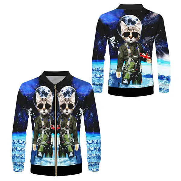funny cat jacket Новинка, бейсбольные куртки на молнии с 3d принтом в виде золотой цепочки, мужская и женская уличная куртка в стиле хип-хоп, университетская куртка, пальто на заказ, S-6XL - Цвет: funny cat jacket