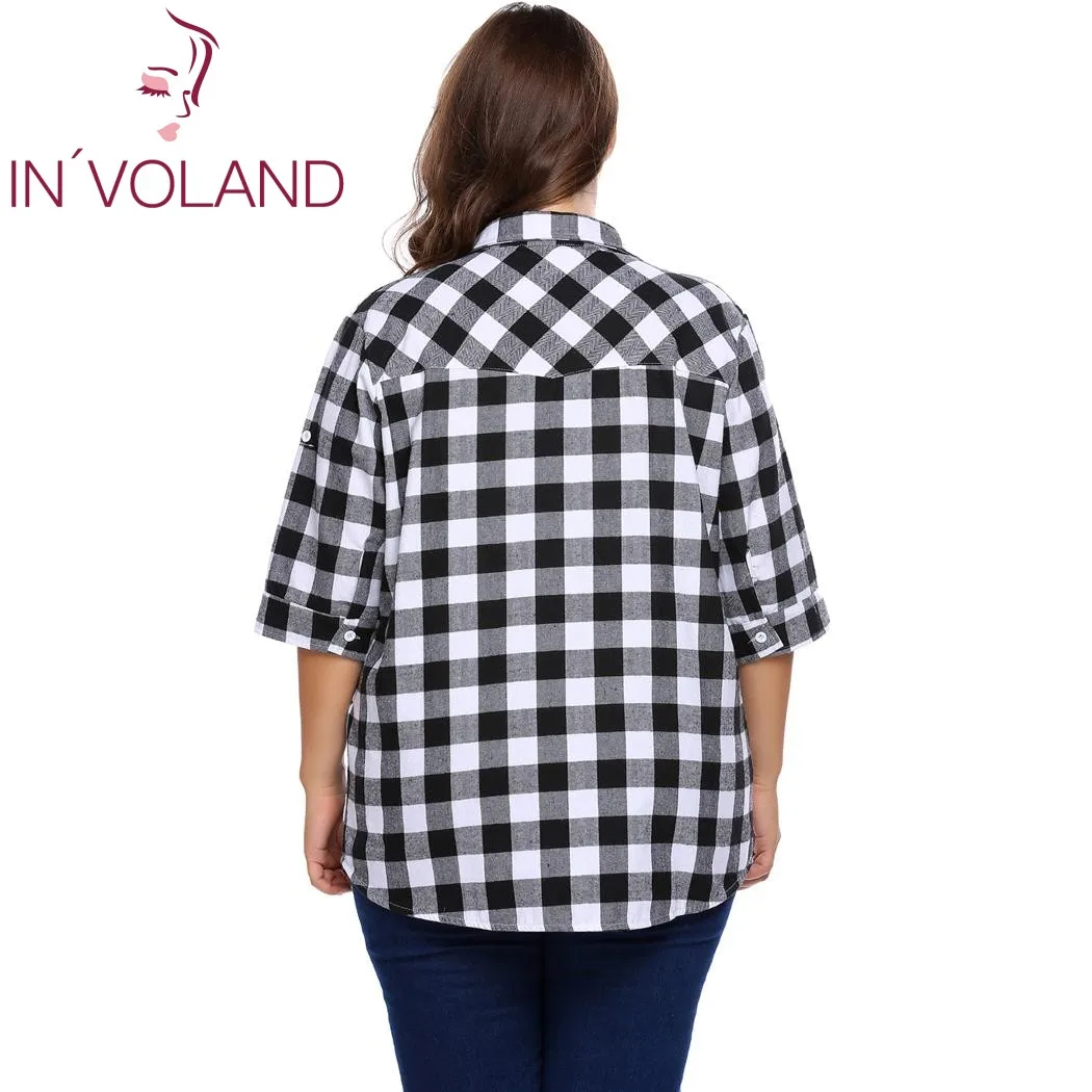 IN'VOLAND, женская блузка большого размера, Blusas, осень, 3/4 рукав, в клетку, на пуговицах, пуловеры, повседневные, женские блузки, топы размера плюс 4XL