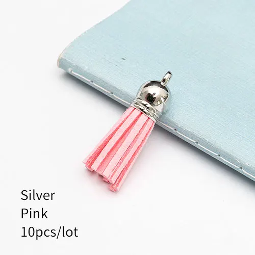 Silver Pink 10 штук 35 мм кожаные подвески с кисточками из искусственной замши с шапками для брелоков, ремешки для ключей, аксессуары для самостоятельного изготовления, многоцветные - Цвет: Silver Pink