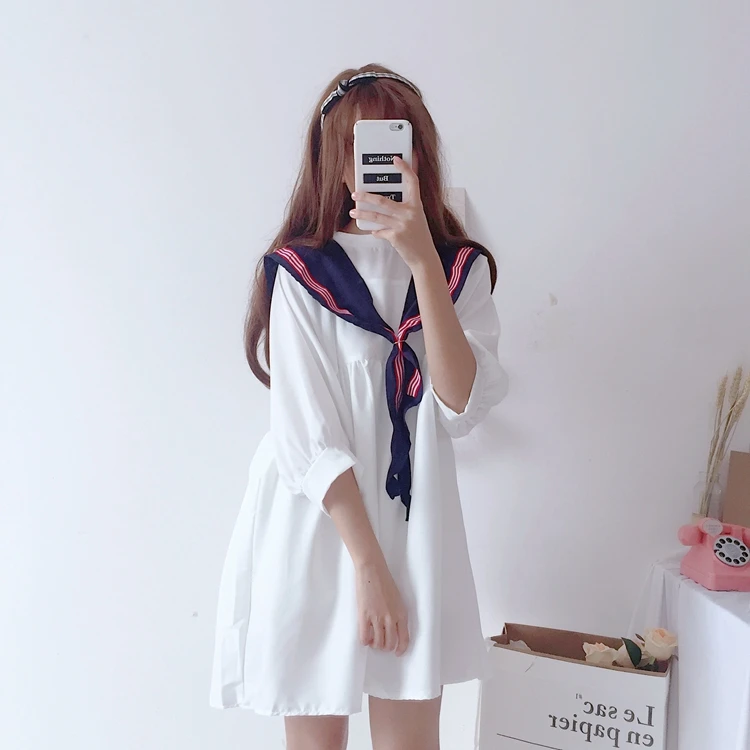 Japanese Dress Academy Sweet Girl Loose Lap top Slim Student Sailor Collar | Женская одежда